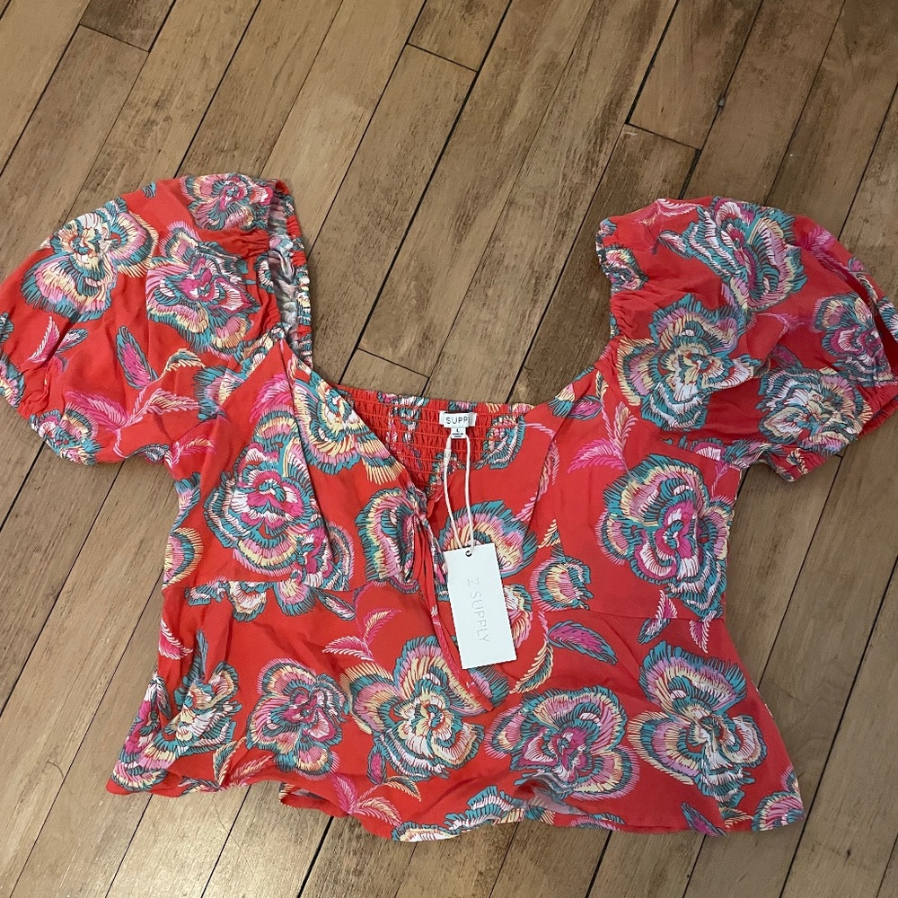 Z Supply Coral Floral Puff Sleeve Blouse
